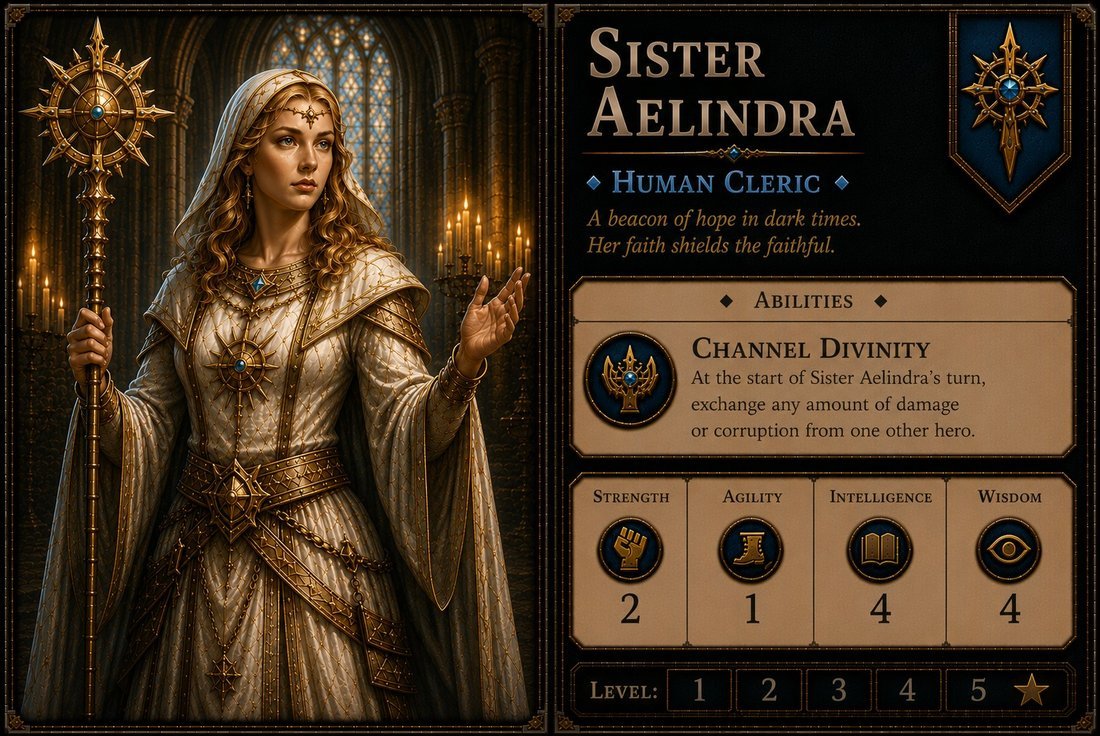 Sister Aelindra — Human Cleric, full character card