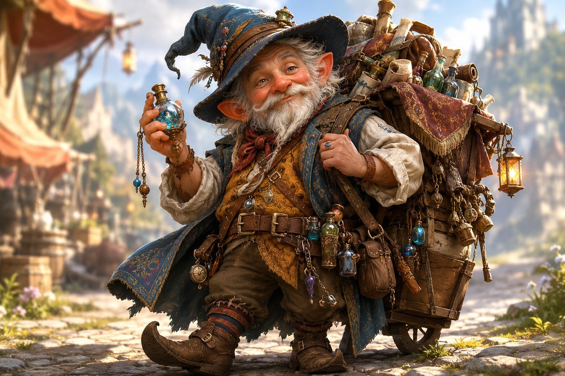 Baldric Tumblewhistle, a gnome wandering peddler, walking a cobblestone road pulling his overloaded merchant cart