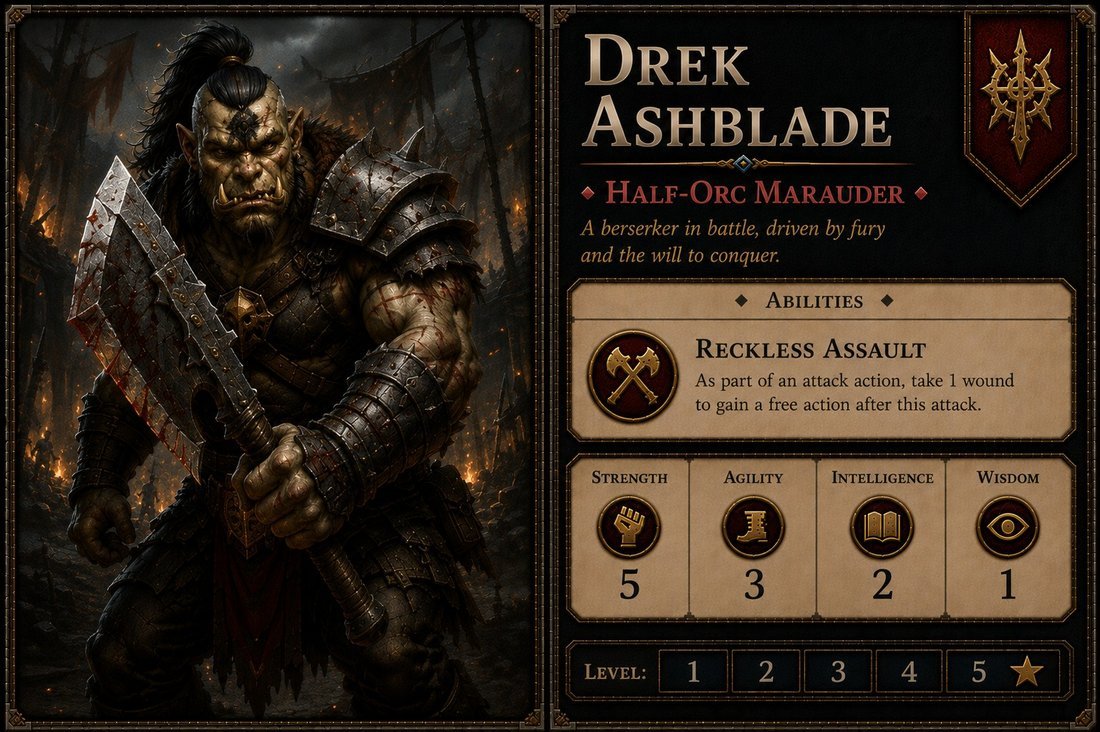 Drek Ashblade — Half-Orc Marauder, full character card