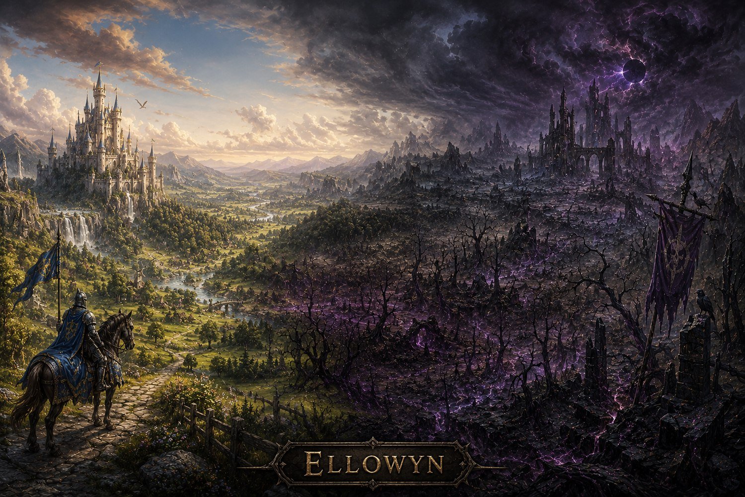 A knight looks out over the realm of Ellowyn, where green untouched land gives way to the corrupted, Blight-torn wastes surrounding the Ashen Court