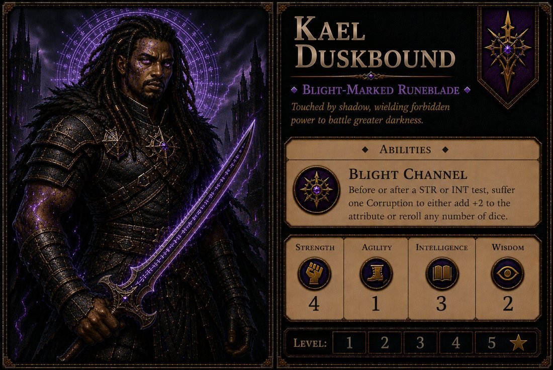 Kael Duskbound — Blight-Marked Runeblade, full character card