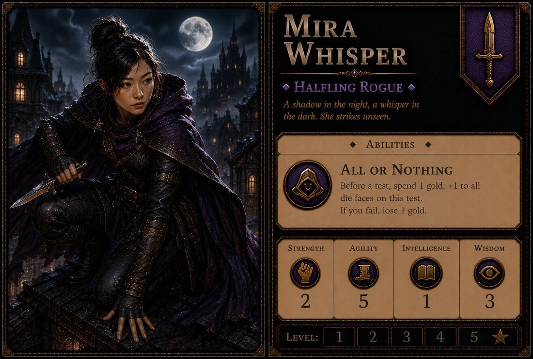 Mira Whisper — Halfling Rogue, full character card