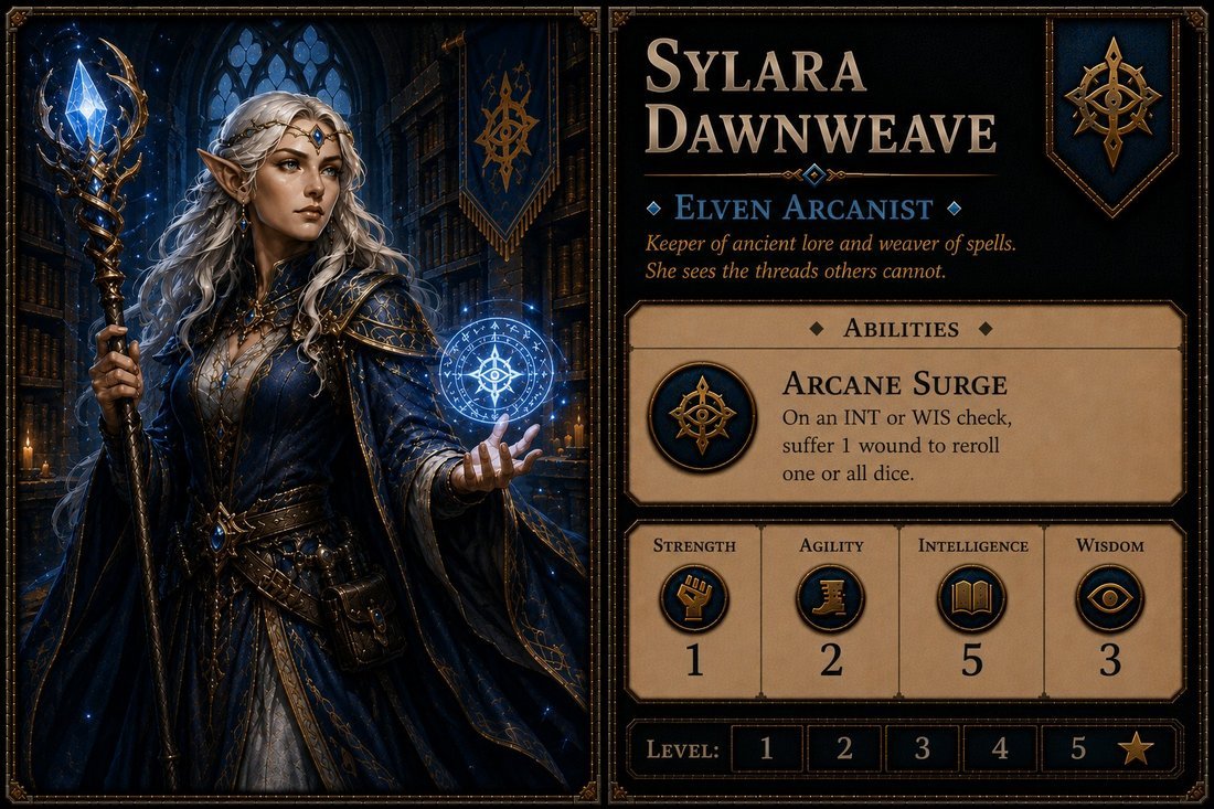 Sylara Dawnweave — Elven Arcanist, full character card