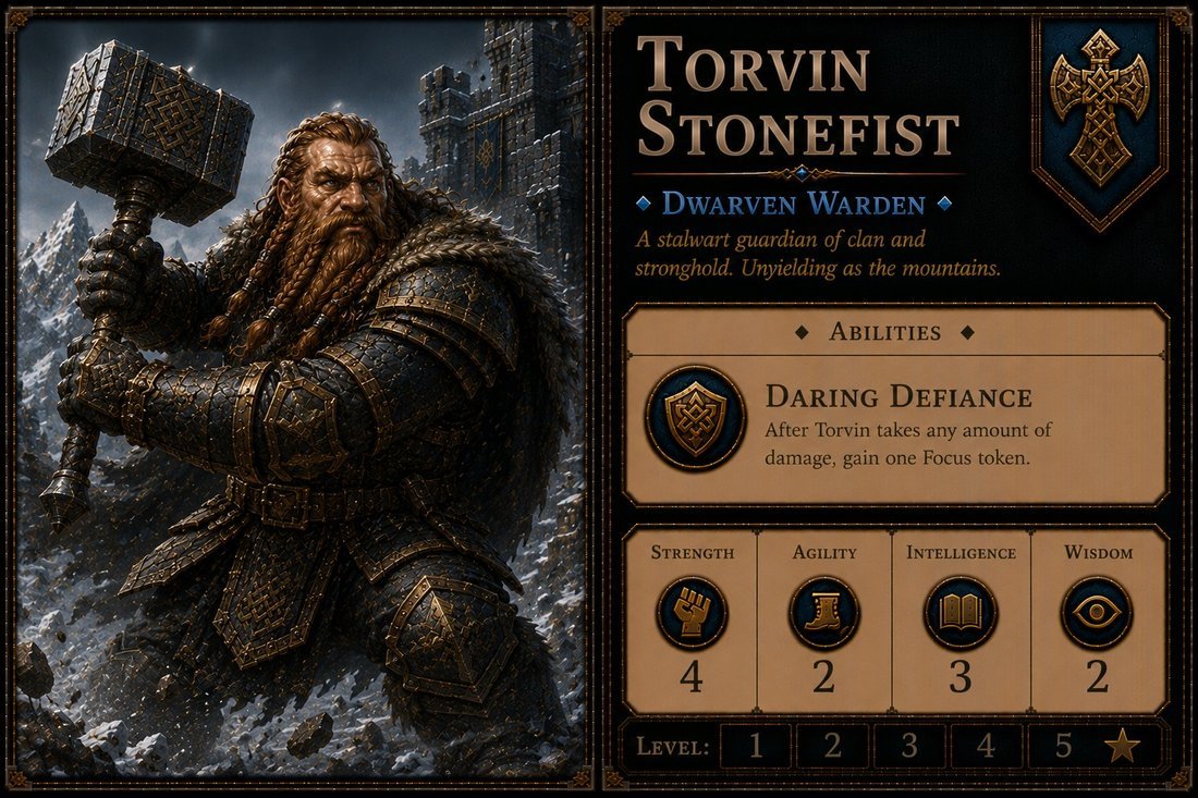 Torvin Stonefist — Dwarven Warden, full character card